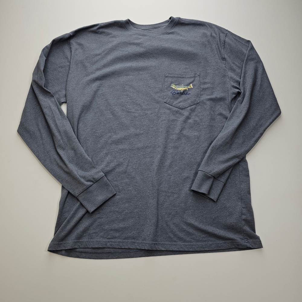 Burlebo Mens Long Sleeve Pocket T-Shirt Grey American Flag Trout Graphic Large
